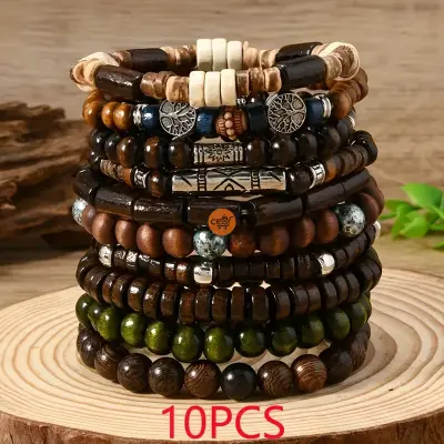 Bohemian Style Fashion Wooden Beaded Handmade Couple Bangle Bangle Bracelet Set, Random Assortment of 10